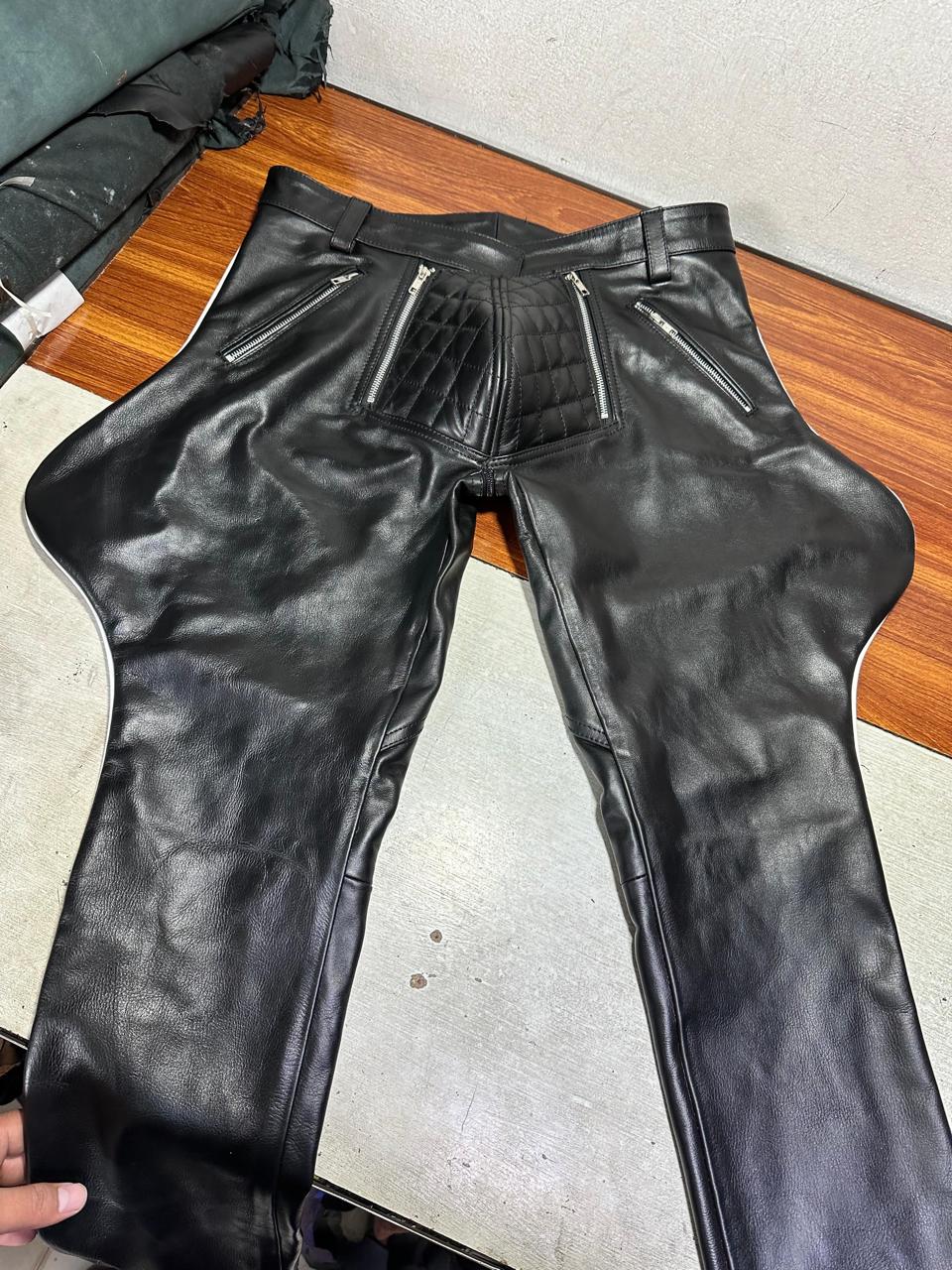 Men's Real Leather Pants Bker Bluf Sde Strpes Breeches Trousers