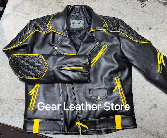 Handmade Black Leather Biker Jacket – Quilted Shoulders, Yellow