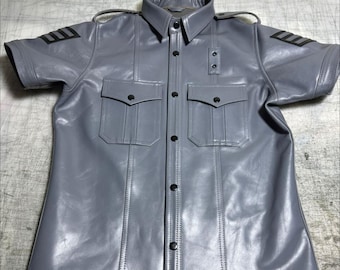 Camisa policial masculina de couro cinza - Uniforme de manga curta, estilo motociclista
