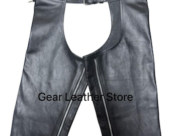 ブラックレザーチャップス メンズ 本革 モーターサイクルチャップス シープレザー チャップス バイカーチャップス LGBT プライド