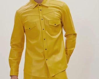Men's Real Cow Soft Leather Yellow Shirt Slim Fit and Long Sleeves Casual Shirt