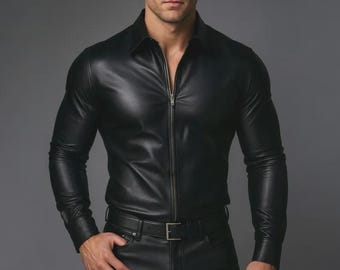Men's Genuine Cowhide Leather Black Shirt Front Zip Up Long Sleeve Shirt