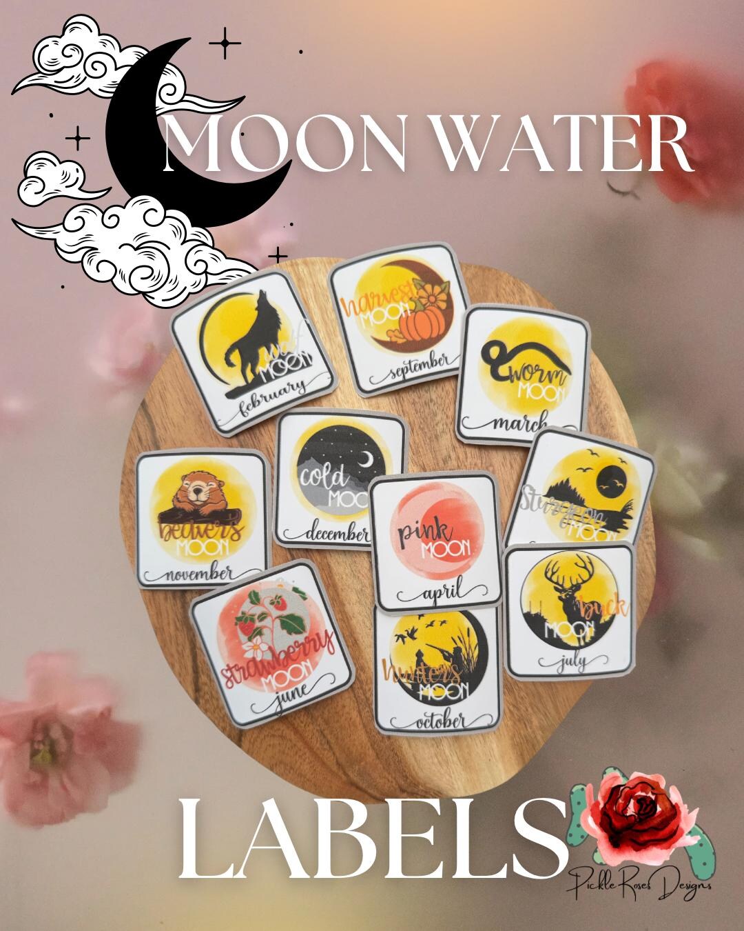 Moon Name Labels Full Moon & New Moon Water Bottle Labels: 2x2