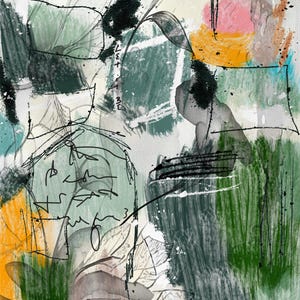 May include: Abstract art piece with a mix of colors and textures. The artwork features green, yellow, pink, and black brushstrokes, with some areas appearing like leaves. The piece has a handwritten text and a signature in the bottom left corner.