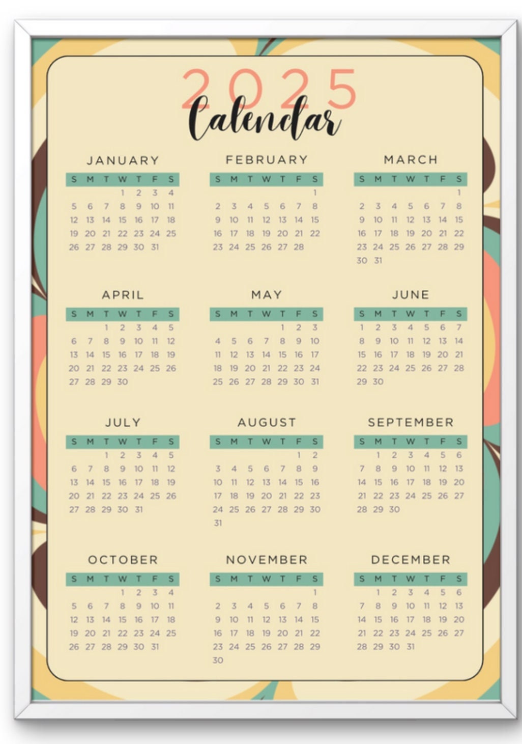 2025 Digital Download, 12month Printable Calendar, Printable, Year at