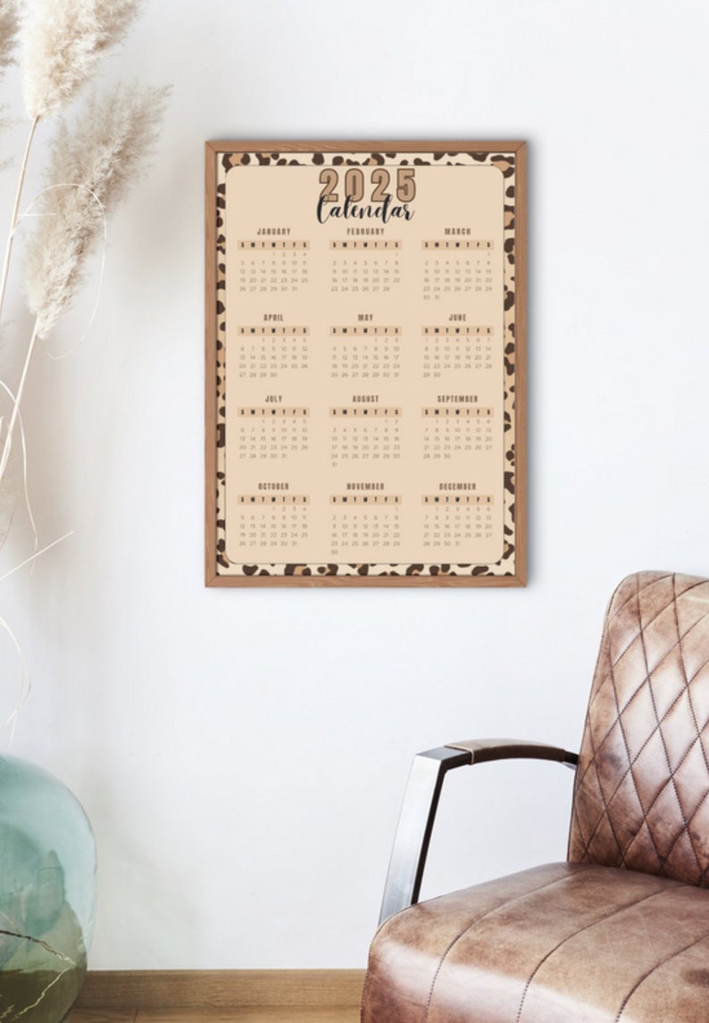 2025 Digital Download, 12month Printable Calendar, Printable, Year at a Glance, Onepage Modern