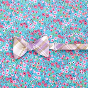 lilac and gold plaid bow tie // self tie bow tie for men & women // purple and yellow plaid bow tie image 9
