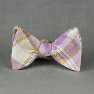 lilac and gold plaid bow tie // self tie bow tie for men & women // purple and yellow plaid bow tie image 4