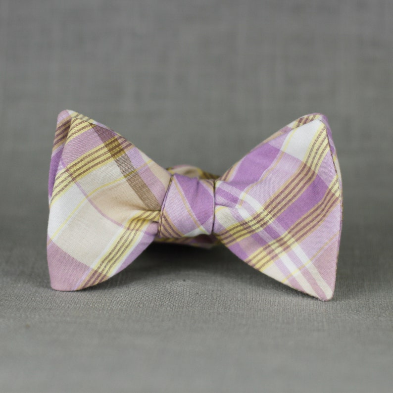 lilac and gold plaid bow tie // self tie bow tie for men & women // purple and yellow plaid bow tie image 4