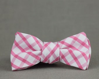 bubblegum pink windowpane self tie bow tie // Pink and white plaid bow tie  // pink gingham bow tie