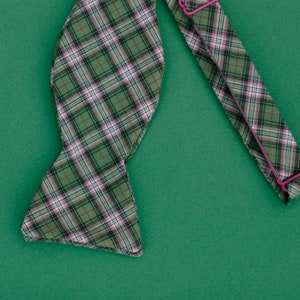 olive green plaid bow tie // self tie bow tie for men & women // plaid bow tie in green, salmon, white, and black. image 5