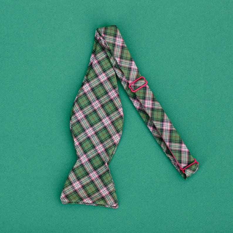 olive green plaid bow tie // self tie bow tie for men & women // plaid bow tie in green, salmon, white, and black. image 6