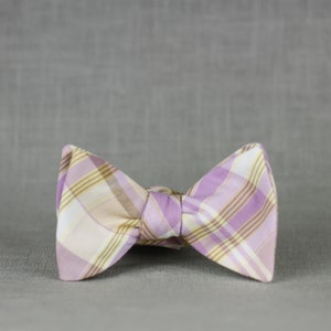 lilac and gold plaid bow tie // self tie bow tie for men & women // purple and yellow plaid bow tie image 1