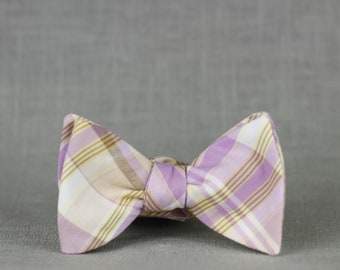 lilac and gold plaid bow tie //  self tie bow tie for men & women // purple and yellow plaid bow tie