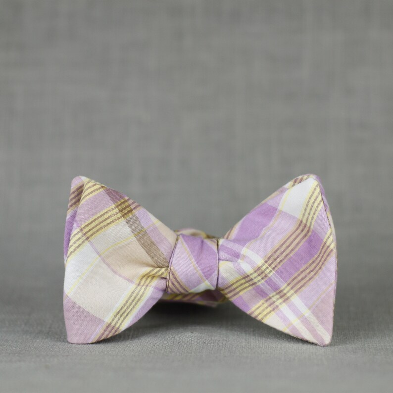 lilac and gold plaid bow tie // self tie bow tie for men & women // purple and yellow plaid bow tie image 2