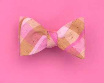 neutral & neon plaid bow tie // self tie bow tie in pink and brown