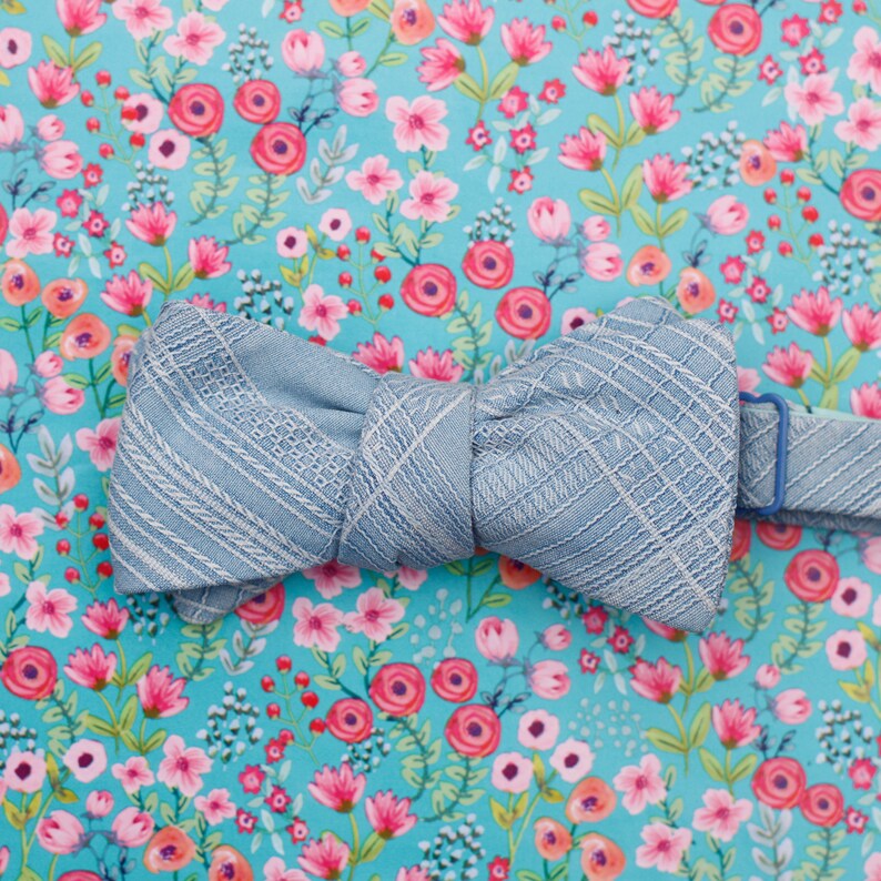 sky blue silk bow tie // self tie bow tie for men & women // silk aloha plaid bow tie image 8