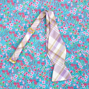 lilac and gold plaid bow tie // self tie bow tie for men & women // purple and yellow plaid bow tie image 8