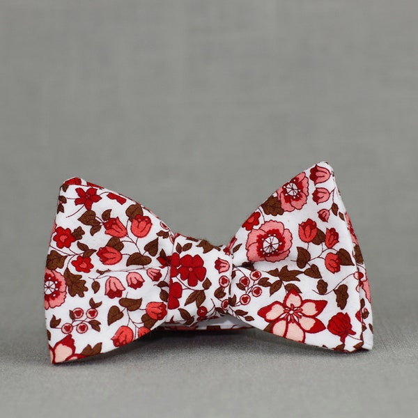 red, salmon, blush, and chocolate floral bow tie  // self tie bow tie // mens floral bow tie