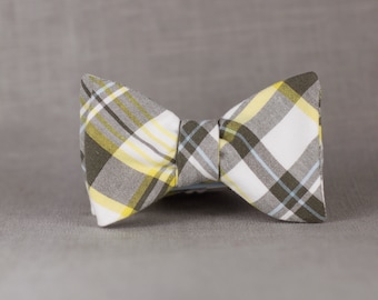 grey & yellow plaid bow tie  // self tie bow tie for men // yellow and grey unisex bow tie  //  totally rad