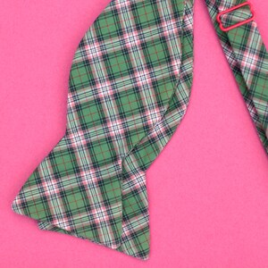 olive green plaid bow tie // self tie bow tie for men & women // plaid bow tie in green, salmon, white, and black. image 3
