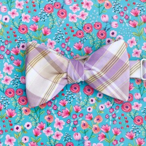 lilac and gold plaid bow tie // self tie bow tie for men & women // purple and yellow plaid bow tie image 5