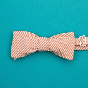 orange and white striped bow tie // self tie bow tie for men & women // peaches and cream micro stripe bow tie image 4