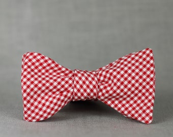 red & white gingham self tie bow tie // self tie bow tie for men // red and white checkered unisex bow tie  //  totally rad