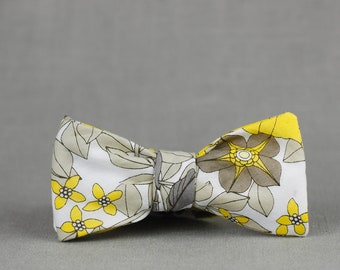 yellow floral self tie bow tie // yellow, tan, and white bow tie // unisex self tie bow tie //