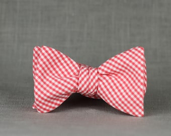 coral gingham bow tie //  self tie bow tie for men & women //  micro gingham bow tie in coral and white