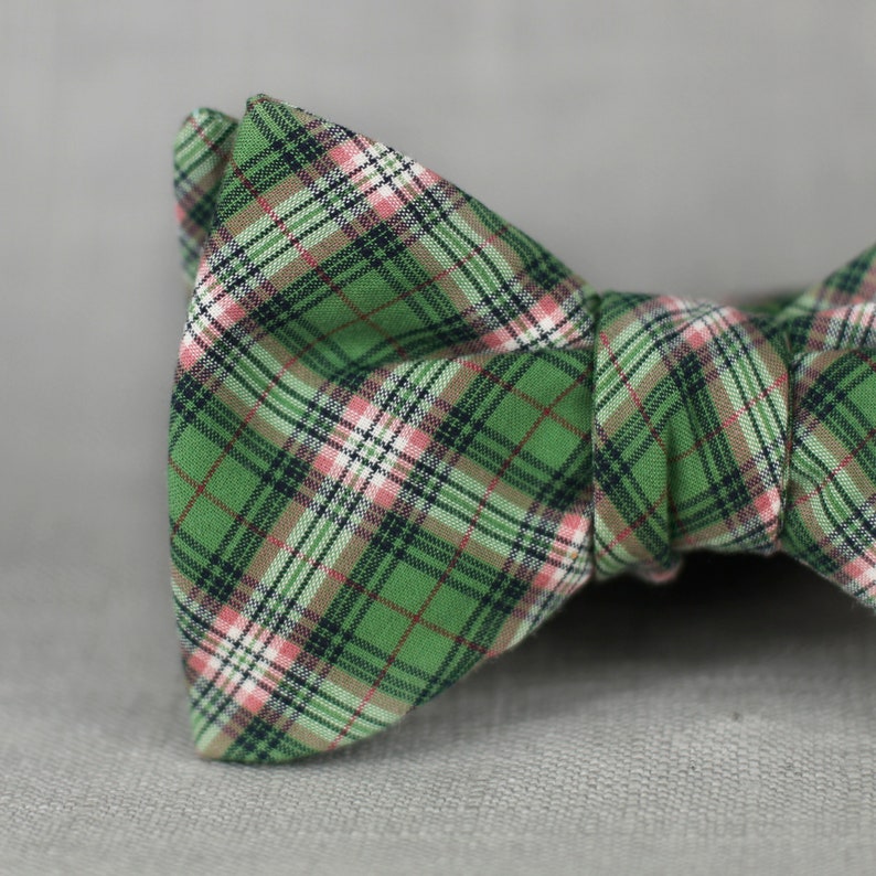olive green plaid bow tie // self tie bow tie for men & women // plaid bow tie in green, salmon, white, and black. image 2