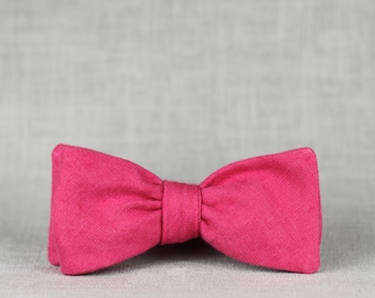 linen magenta bow tie  // self tie bow tie for men and women  // hot pink linen bow tie