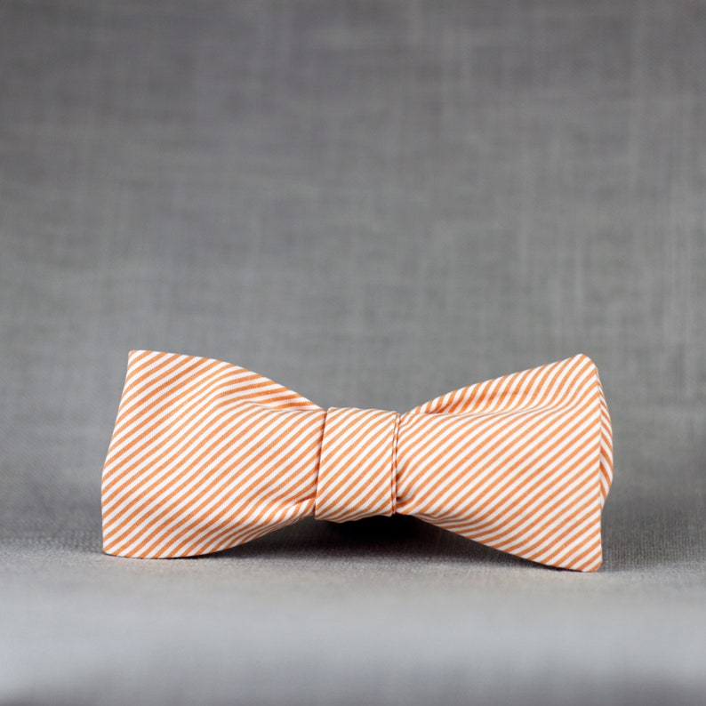 orange and white striped bow tie // self tie bow tie for men & women // peaches and cream micro stripe bow tie image 1