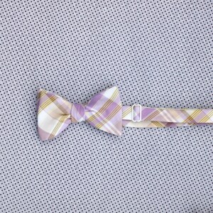 lilac and gold plaid bow tie // self tie bow tie for men & women // purple and yellow plaid bow tie image 6