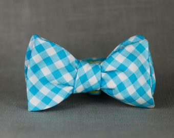 aqua gingham bow tie  // self tie bow tie for men // teal plaid unisex bow tie  //  totally rad