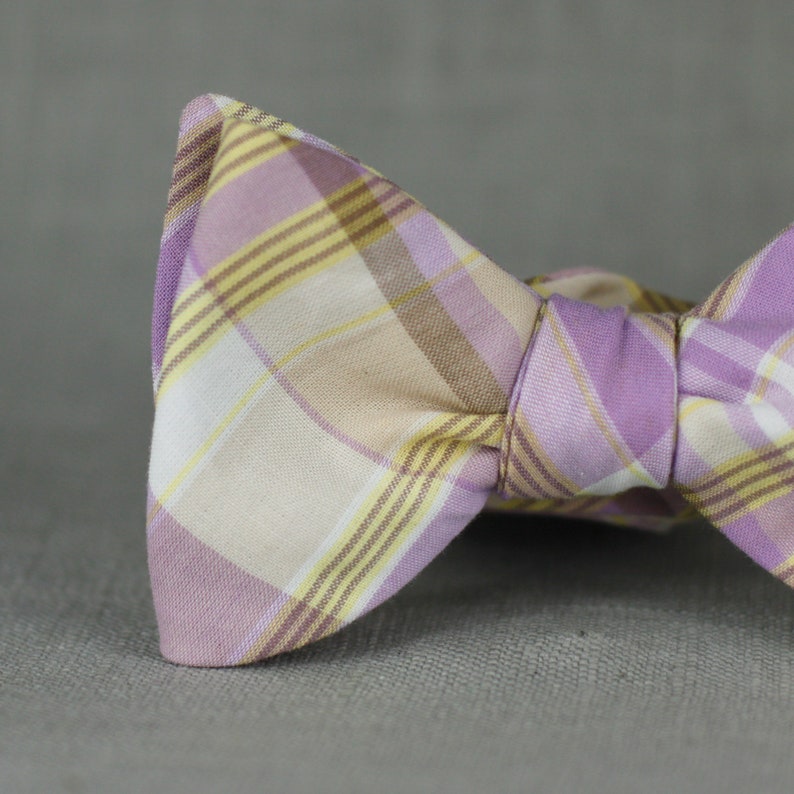 lilac and gold plaid bow tie // self tie bow tie for men & women // purple and yellow plaid bow tie image 3