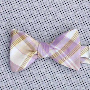 lilac and gold plaid bow tie // self tie bow tie for men & women // purple and yellow plaid bow tie image 7