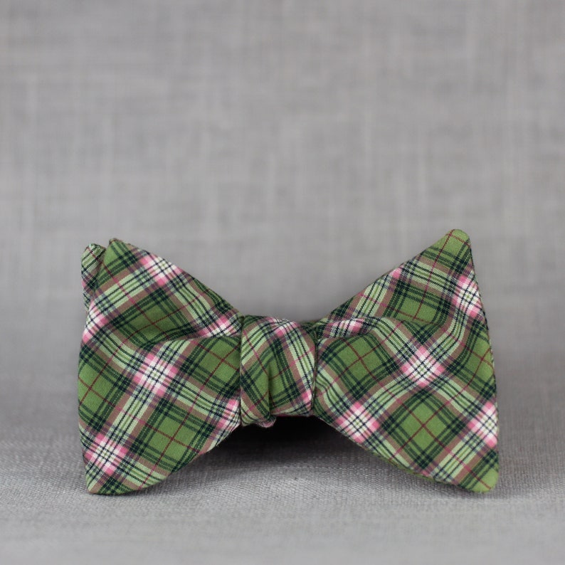 olive green plaid bow tie // self tie bow tie for men & women // plaid bow tie in green, salmon, white, and black. image 1