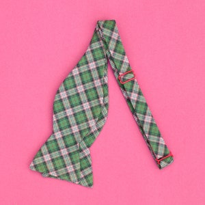 olive green plaid bow tie // self tie bow tie for men & women // plaid bow tie in green, salmon, white, and black. image 4