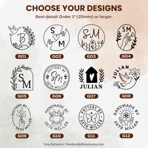 May include: A collection of twelve black line art stamp designs labeled G01 through G12, featuring botanical, hand, and bird motifs with text like 'Pottery by Seth Miller' and 'Julian'. The text 'CHOOSE YOUR DESIGNS' and 'Best detail: Order 1" (25mm) or larger' is visible.
