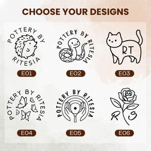 May include: A grid of six black line art designs labeled E01 through E06 with the text CHOOSE YOUR DESIGNS at the top. The designs include a hedgehog, a snake, a cat with RT, butterflies, hands holding a circle, and a rose with the letters RS.