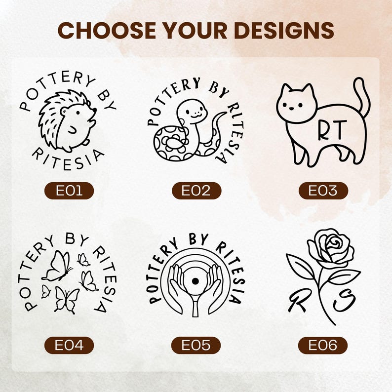 May include: A grid of six black line art designs labeled E01 through E06 with the text CHOOSE YOUR DESIGNS at the top. The designs include a hedgehog, a snake, a cat with RT, butterflies, hands holding a circle, and a rose with the letters RS.