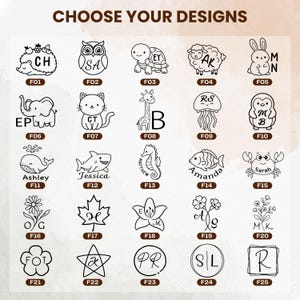 May include: A grid of twenty-five black and white line art designs labeled F01 through F25, featuring animals, flowers, and monogram frames. The text CHOOSE YOUR DESIGNS appears at the top. Each icon includes space for custom initials or names.