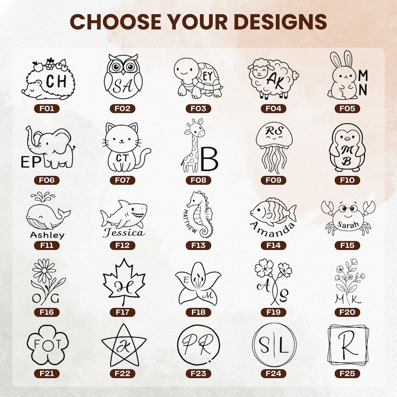May include: A grid of twenty-five black and white line art designs labeled F01 through F25, featuring animals, flowers, and monogram frames. The text CHOOSE YOUR DESIGNS appears at the top. Each icon includes space for custom initials or names.