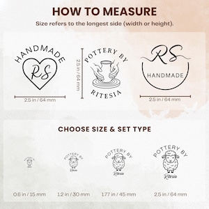 May include: A graphic display showing custom stamp designs with text including Handmade RS, Pottery by Ritesia, and RS Handmade. The image features measurement guides for stamps in sizes 0.6 inches, 1.2 inches, 1.77 inches, and 2.5 inches, alongside sheep icons.