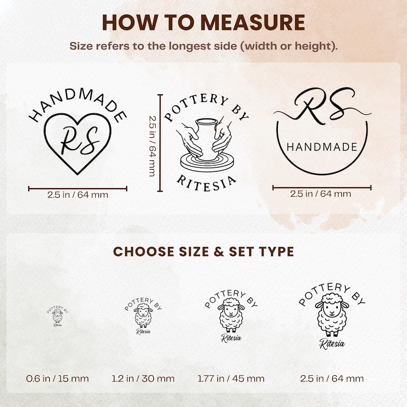 May include: A graphic display showing custom stamp designs with text including Handmade RS, Pottery by Ritesia, and RS Handmade. The image features measurement guides for stamps in sizes 0.6 inches, 1.2 inches, 1.77 inches, and 2.5 inches, alongside sheep icons.