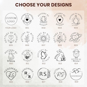 May include: A grid of nineteen black line art circular logo designs on a light background. The text CHOOSE YOUR DESIGNS appears at the top. Each design features unique icons like pottery, flowers, animals, and initials with labels B01 through B19.
