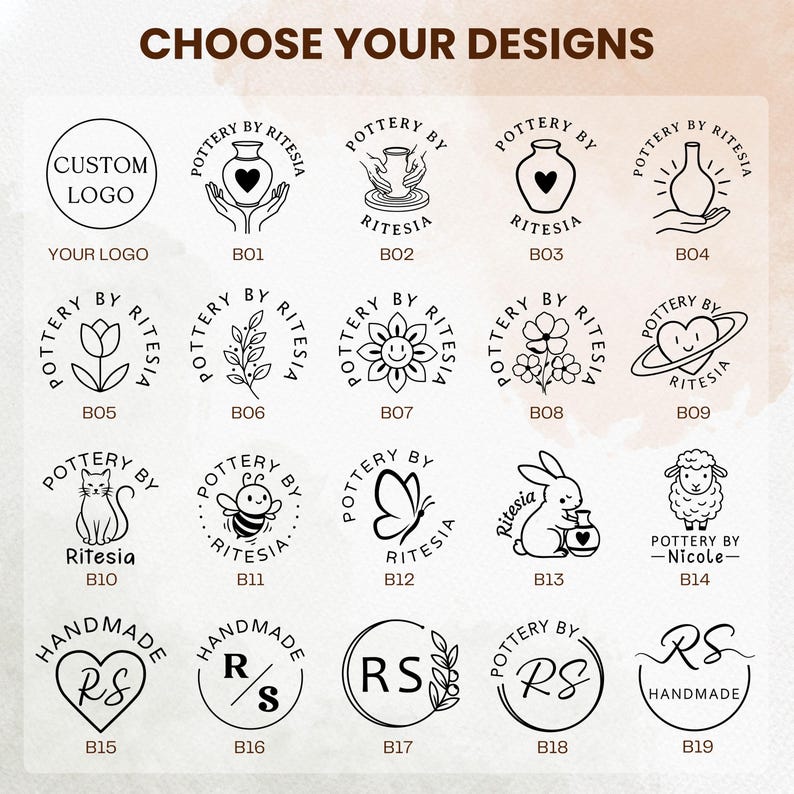 May include: A grid of nineteen black line art circular logo designs on a light background. The text CHOOSE YOUR DESIGNS appears at the top. Each design features unique icons like pottery, flowers, animals, and initials with labels B01 through B19.