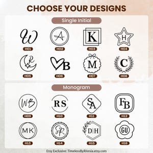 May include: A design selection chart titled CHOOSE YOUR DESIGNS featuring sixteen black line art icons labeled H01 through H16. The top section shows Single Initial options, and the bottom section displays Monogram options with various shapes.