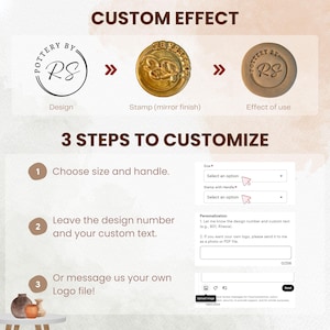 May include: A custom pottery stamp guide showing three steps to customize. The graphic displays a circular logo design, a gold-toned metal stamp with a mirror finish, and a clay impression. It includes text fields for size, handle, and personalization.